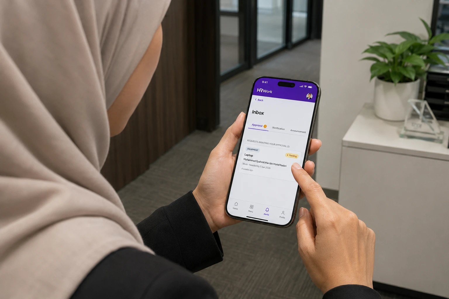 HRWork mobile approvals inbox showing a pending equipment request