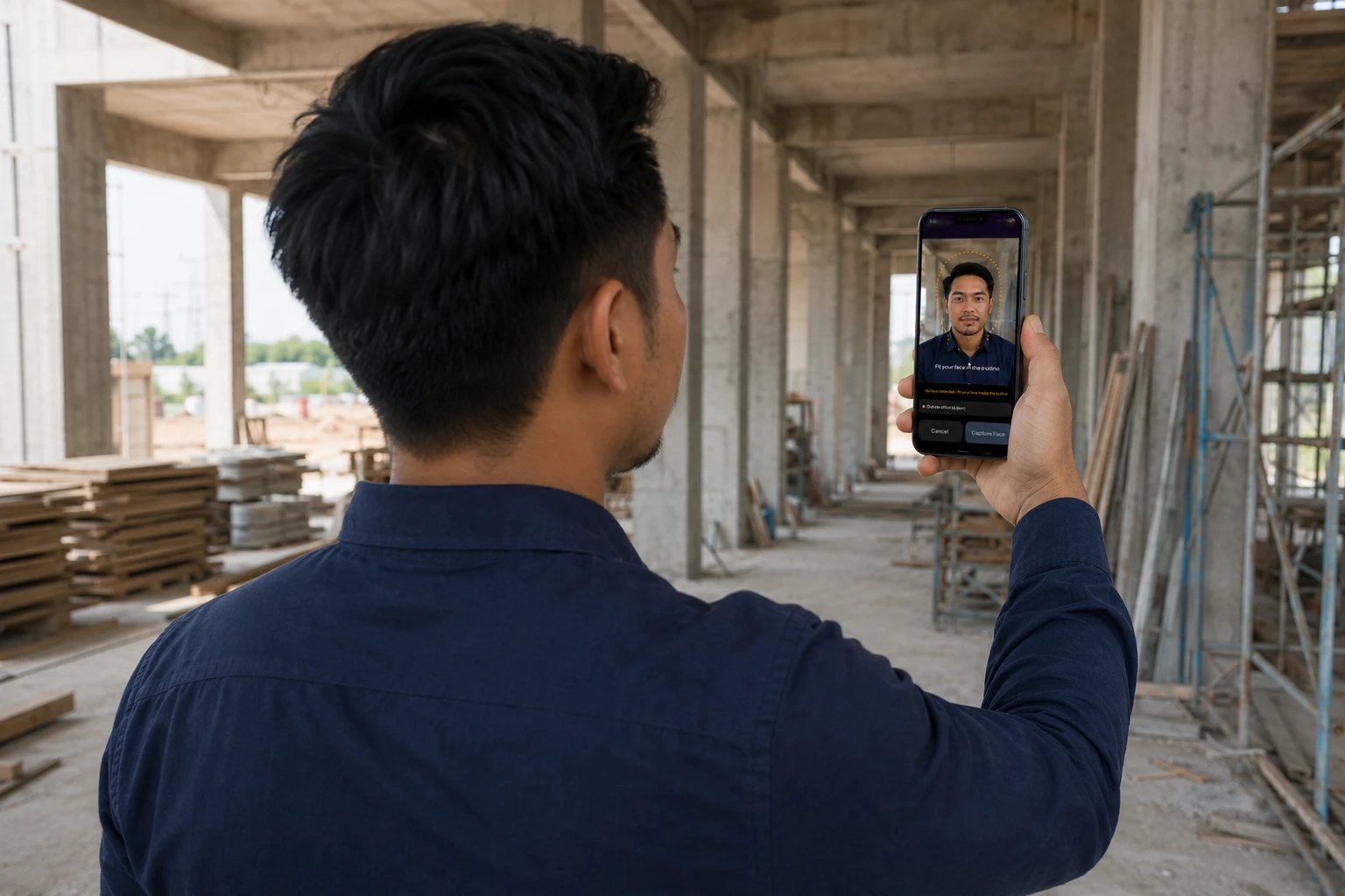 HRWork mobile clock-in with selfie face verification on a construction site