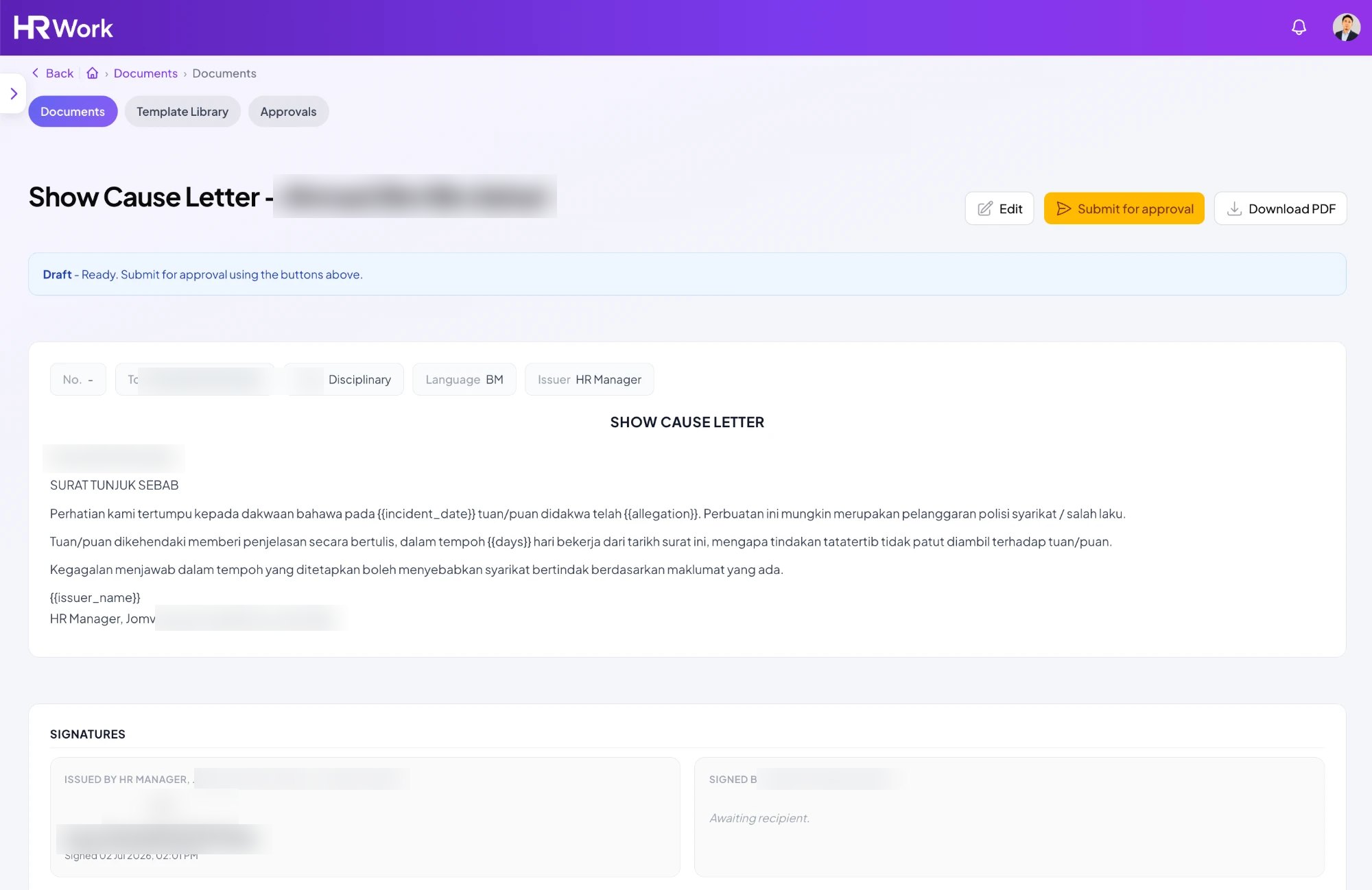 HRWork document warning letter with issuer signature and signing status