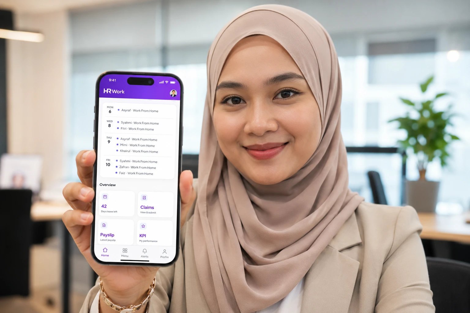Employee holding a phone showing the HRWork mobile home with team presence and quick actions