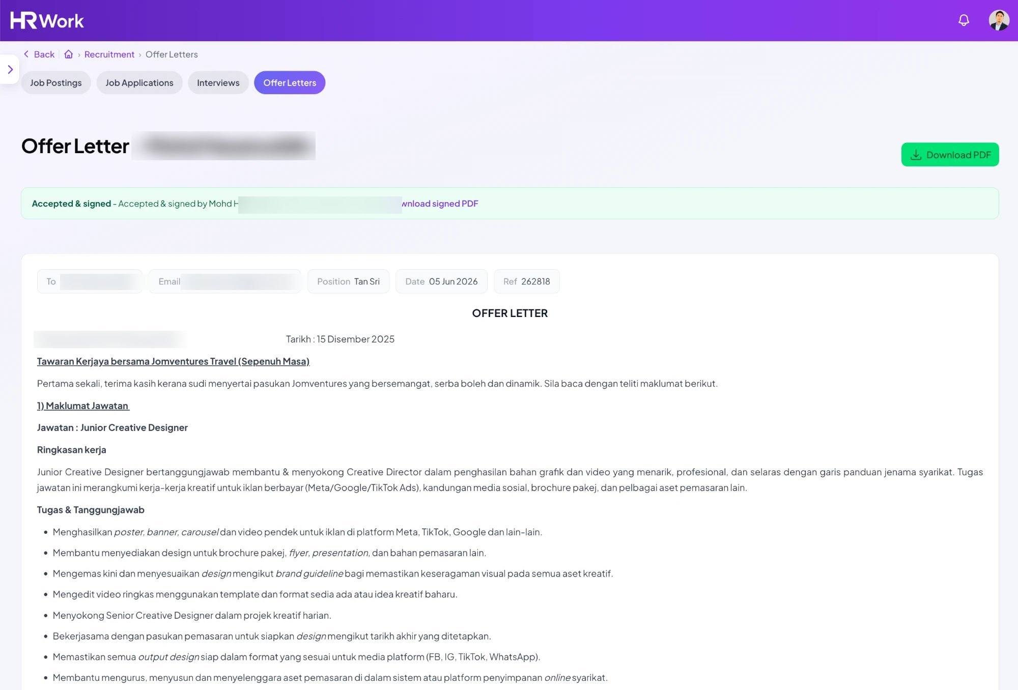 HRWork offer letter accepted and e-signed by the candidate