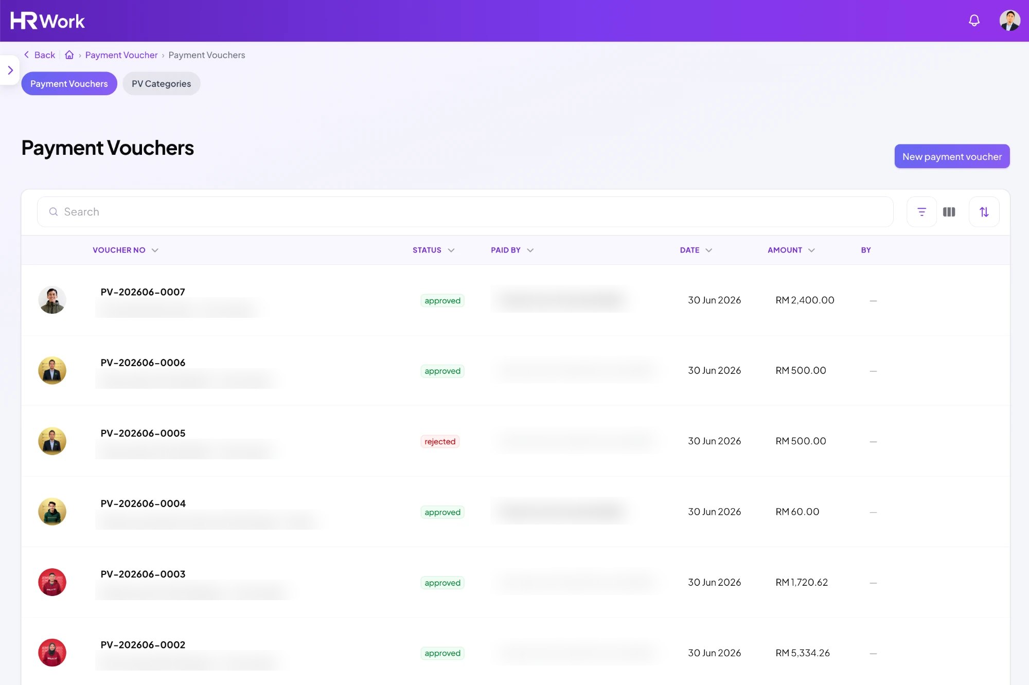 HRWork Payment Vouchers list showing approval status and amounts