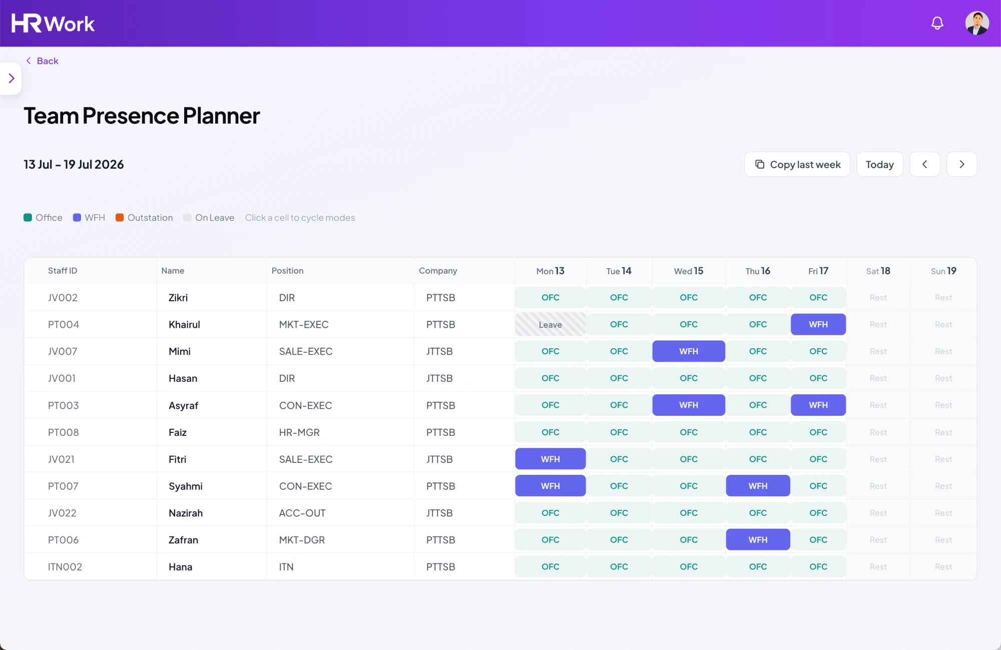 HRWork Team Presence Planner showing weekly office, WFH and leave modes per employee